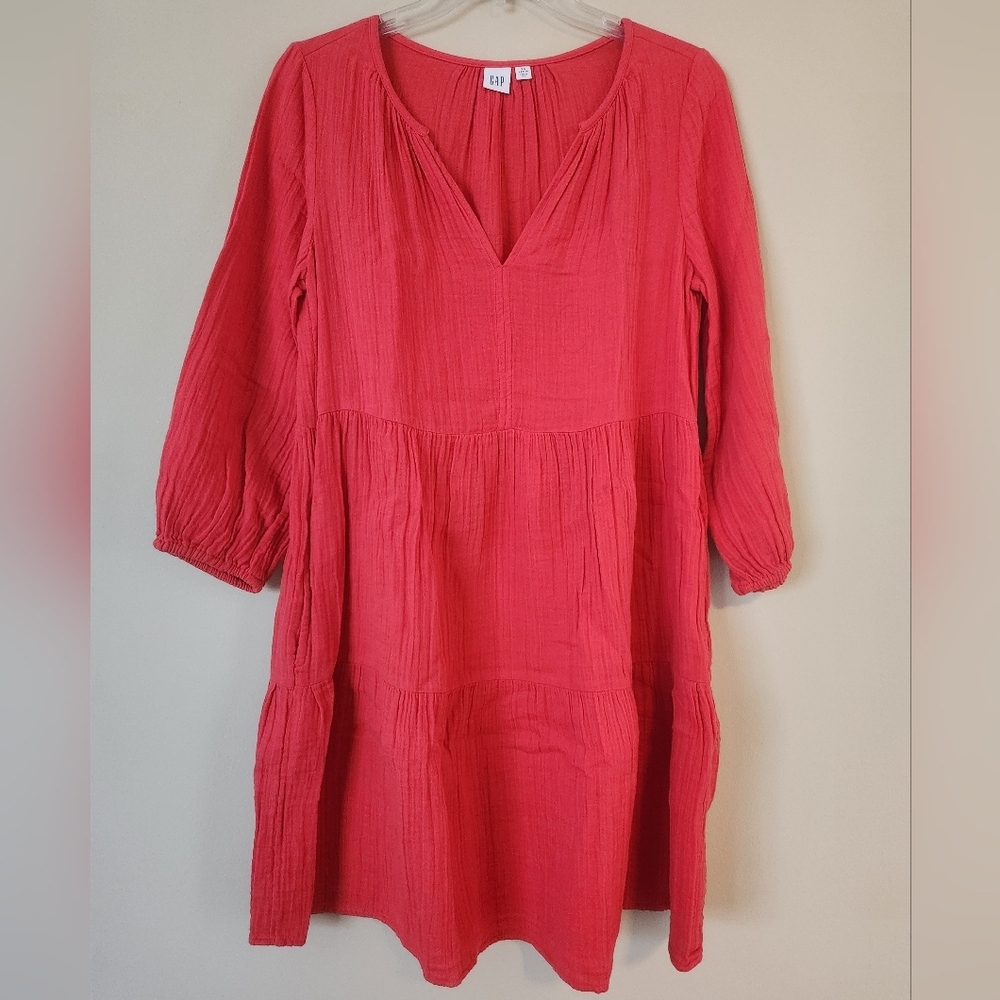 GAP Women's Bright Orange Tiered Cotton Gauze Mini Dress - Picture 3 of 7